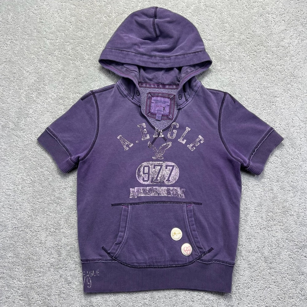 American Eagle Outfitters Hoodie Sweatshirt Women XS Purple Short Sleeve Graphic